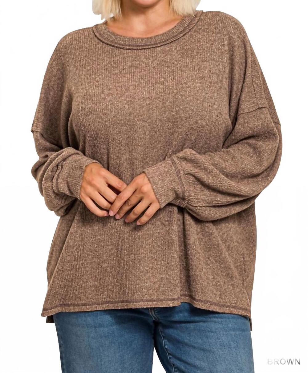 NEW ZENANA brushed hacci drop shoulder sweater in brown